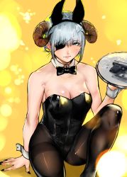 Rule 34 | 1girl, absurdres, animal ears, aqua eyes, bare shoulders, black bow, black bowtie, black leotard, black nails, black pantyhose, bow, bowtie, breasts, cleavage, covered navel, cuff links, detached collar, eyepatch, fake animal ears, gun, highres, horns, leotard, looking at viewer, medium breasts, mugo (mugokii), nail polish, original, pantyhose, playboy bunny, rabbit ears, short hair, silver hair, simple background, solo, strapless, strapless leotard, tray, weapon, yellow background