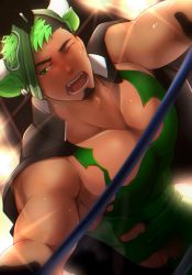 Rule 34 | 1boy, abs, bara, beard, black hair, blurry, blush, bodysuit, covered abs, crow (siranui), dark skin, facial hair, goatee, green eyes, highres, ikusaba daisuke, jacket, jacket on shoulders, large pectorals, looking at viewer, male focus, mask, unworn mask, multicolored hair, muscular, pectorals, penis, penis peek, simple background, skin tight, solo, taurus mask, tokyo houkago summoners, torn bodysuit, torn clothes, upper body, wrestling outfit