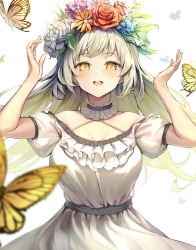 Rule 34 | 1girl, absurdres, arms up, bare shoulders, blonde hair, blue flower, blush, breasts, bug, butterfly, collar, commentary, dampi, dress, english commentary, flower, head wreath, highres, huge filesize, insect, large breasts, leaf, long hair, looking at viewer, off-shoulder dress, off shoulder, open mouth, orange flower, original, pink flower, puffy short sleeves, puffy sleeves, red flower, short sleeves, smile, solo, white collar, white dress, white flower, yellow eyes