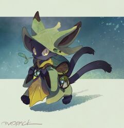 Rule 34 | 1other, androgynous, animal hat, artist name, backpack, bag, barefoot, black fur, body fur, cat tail, coat, commentary, fewer digits, from side, full body, furry, green background, green coat, green hat, hat, highres, holding strap, lamp, leaf, looking at viewer, mouth hold, multiple tails, murayama ryota, original, pawpads, signature, simple background, slit pupils, solo, stalk in mouth, tail, two-tone background, two tails, walking, wide sleeves, yellow eyes