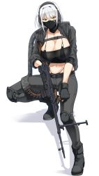 Rule 34 | 1girl, backpack, bag, bikini, black bikini, black footwear, black gloves, black pants, boots, breasts, cleavage, fingerless gloves, gloves, gun, hair between eyes, halcon, headset, highres, holding, holding weapon, jacket, knee pads, large breasts, looking at viewer, mask, midriff, mole, mole on breast, navel, navel piercing, open clothes, open jacket, original, pants, piercing, rifle, see-through, short hair, silver hair, solo, strap, swimsuit, weapon, yellow eyes