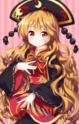 Rule 34 | 1girl, black dress, blonde hair, blush, bow, breasts, chinese clothes, closed mouth, commentary request, crescent, dress, hair between eyes, hat, headdress, highres, junko (touhou), long hair, long sleeves, looking at viewer, neck ribbon, pink background, red eyes, ribbon, ruu (tksymkw), sash, simple background, smile, solo, striped, striped background, tabard, tassel, touhou, upper body, vertical stripes, very long hair, wavy hair, wide sleeves, yellow ribbon
