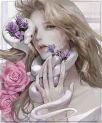 Rule 34 | 1girl, absurdres, animal, animal around neck, bm94199, brown hair, commentary, english commentary, flower, green eyes, hand up, highres, holding, holding animal, long hair, looking at viewer, original, parted lips, pink flower, portrait, purple flower, snake, solo