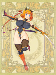 Rule 34 | 1girl, aqua eyes, breasts, character request, elbow gloves, covered erect nipples, full body, gloves, highleg, highleg leotard, holding, large breasts, leotard, official art, orange hair, outstretched arms, psychic hearts, ribbon, ryoji (nomura ryouji), short hair, solo, spikes, sword, thighhighs, weapon