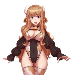 Rule 34 | 1girl, absurdres, animal ear fluff, animal ears, animal print, bell, blush, breasts, brown hair, choker, clade, cleavage, commentary, cow ears, cow girl, cow horns, cow print, cow tail, cowbell, cowboy shot, facing viewer, fingernails, gluteal fold, highres, horns, large breasts, leotard, long hair, long sleeves, looking at viewer, narrow waist, neck bell, open mouth, original, print leotard, print thighhighs, puffy long sleeves, puffy sleeves, purple eyes, shrug (clothing), solo, stella (clade), symbol-only commentary, tail, teeth, thigh gap, thighhighs, upper teeth only