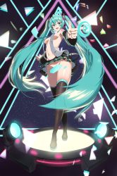 Rule 34 | belly, black skirt, boots, breasts, censored, green eyes, green hair, hatsune miku, highres, long hair, long sleeves, looking at viewer, microskirt, necktie, no bra, no panties, open clothes, pleated skirt, pussy, sideboob, skirt, smile, spotlight, ties, twintails, vest, vocaloid