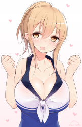 Rule 34 | 10s, 1girl, :d, bad id, bad pixiv id, bare shoulders, blonde hair, blush, breasts, cleavage, clenched hands, collarbone, heart, large breasts, looking at viewer, nekoume, open mouth, original, ponytail, sleeveless, smile, solo, sunohara ayaka, sunoharasou no kanrinin-san, yellow eyes
