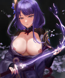 Rule 34 | 1girl, absurdres, armor, blush, breasts, bridal gauntlets, cleavage, electricity, flower, genshin impact, highres, japanese clothes, kimono, large breasts, looking at viewer, maqin, mitsudomoe (shape), mole, mole under eye, nail polish, nipples, obi, obiage, obijime, one breast out, purple flower, purple hair, purple kimono, purple nails, pursed lips, raiden shogun, sash, shoulder armor, solo, sword, tassel, tomoe (symbol), upper body, weapon