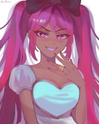 Rule 34 | 1girl, artist name, blush, bow, breasts, cleavage, dark-skinned female, dark skin, grin, hair bow, highres, idawnrunner, jewelry, looking at viewer, medium breasts, nail polish, omori, parted lips, pink bow, pink eyes, pink hair, pink nails, ring, smile, solo, sweetheart (omori), teeth, twintails, upper body