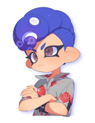 1girl absurdres androgynous closed_mouth commentary_request crossed_arms dress_shirt fingernails grey_shirt highres nintendo octoling octoling_girl octoling_player_character pompadour print_shirt purple_hair red_eyes sharp_fingernails shirt short_hair short_sleeves simple_background solo splatoon_(series) splatoon_3 suction_cups surume01417 tentacle_hair v-shaped_eyebrows white_background wrist_belt