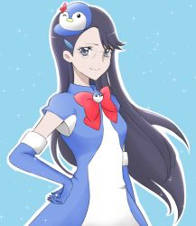 Rule 34 | 10s, 1girl, alternate costume, arm warmers, blue background, blue dress, blue gloves, crossover, detached sleeves, dress, eyelashes, glasses, gloves, hair ornament, hairclip, happy, heartcatch precure!, long hair, looking at viewer, mawaru penguindrum, precure, purple eyes, purple hair, red ribbon, ribbon, smile, solo, tsukikage oyama, tsukikage yuri