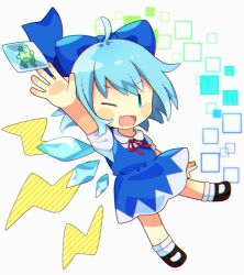 Rule 34 | 0mzum1, 1girl, animal, arm up, black footwear, blue bow, blue dress, blue eyes, blue hair, blush, bow, bowtie, chibi, cirno, collar, collared shirt, dress, flying, frog, hand up, ice, ice wings, lightning, looking at viewer, one-hour drawing challenge, one eye closed, open mouth, puffy short sleeves, puffy sleeves, red bow, red bowtie, shirt, shoes, short hair, short sleeves, smile, socks, solo, square, touhou, white background, white shirt, white socks, wings