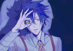 Rule 34 | 1boy, anaido, blue hair, blue theme, ear piercing, hair between eyes, hand up, id invaded, looking at viewer, male focus, piercing, shadow, shirt, solo, spiked hair, suspenders, upper body, white shirt, yellow eyes