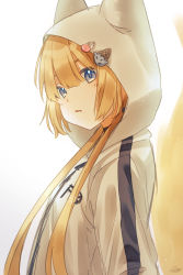 Rule 34 | 1girl, animal hood, blonde hair, blue eyes, food-themed hair ornament, fox tail, hair ornament, hairclip, highres, hood, hoodie, ice cream hair ornament, kemono jihen, kon (kemono jihen), long hair, long sleeves, low twintails, simple background, solo, tail, twintails, upper body, very long hair, white background, yokan 00