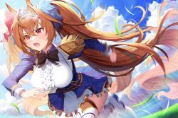 Rule 34 | 1girl, :o, absurdres, animal ears, black bow, blue jacket, blue sky, blush, boots, bow, breasts, brown hair, cloud, commentary request, daiwa scarlet (umamusume), day, epaulettes, eyes visible through hair, fang, floating hair, grass, hair between eyes, hair intakes, hair ornament, hair ribbon, highres, horse ears, horse girl, horse tail, huge filesize, jacket, juliet sleeves, large breasts, long hair, long sleeves, looking afar, motion blur, open mouth, outdoors, pleated skirt, puffy sleeves, red eyes, red ribbon, ribbon, running, shirt, skirt, sky, solo, tail, thighhighs, tiara, twintails, umamusume, very long hair, white footwear, white shirt, white skirt, white thighhighs, yuri (chocho q)