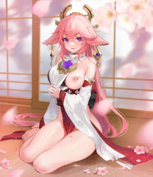 Rule 34 | 1girl, absurdres, animal ears, bare legs, bare shoulders, barefoot, breasts, covered erect nipples, flower, fox ears, fox girl, genshin impact, groin, hair between eyes, hair ornament, highres, japanese clothes, large breasts, long sleeves, miko, one breast out, pelvic curtain, petals, pink hair, purple eyes, smile, solo, thighs, wide sleeves, yae miko, ziyue