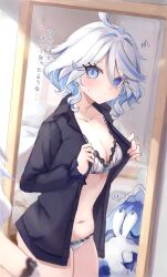 Rule 34 | 1girl, alternate costume, bedroom, black shirt, blue eyes, blue hair, bra, breasts, cleavage, closed mouth, collarbone, cowboy shot, cowlick, dressing, drop-shaped pupils, front-tie bra, furina (genshin impact), genshin impact, heterochromia, highres, indoors, lace, lace-trimmed bra, lace trim, light blue hair, looking at mirror, looking at viewer, mademoiselle crabaletta, medium breasts, mirror, mismatched pupils, navel, open clothes, open shirt, pe eee00, reflection focus, shirt, short hair, solo, squiggle, stomach, sweatdrop, symbol-shaped pupils, underwear, wavy hair, white bra, white hair