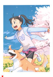Rule 34 | 1girl, bike shorts, black eyes, black hair, cherry blossoms, dog, pet walking, field, flower, flower field, hair bobbles, hair ornament, highres, hood, hoodie, leash, long hair, open clothes, open hoodie, open mouth, original, outstretched arms, running, shoes, skirt, sneakers, solo, spread arms, takamichi