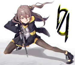 Rule 34 | 1girl, 404 logo (girls&#039; frontline), :d, absurdres, boots, brown eyes, brown hair, ggab0621, girls&#039; frontline, gun, hair ornament, hairclip, highres, jacket, leggings, looking to the side, open mouth, pantyhose, scar, scar across eye, scar on face, scarf, shirt, side ponytail, simple background, skirt, smile, socks, ump45 (girls&#039; frontline), weapon, white background, white shirt