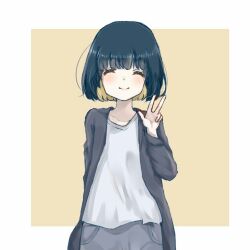 Rule 34 | 1girl, ^ ^, black hair, black jacket, blonde hair, bob cut, border, closed eyes, colored inner hair, commentary, fingers up, grey pants, hand raised, jacket, jigoku no pacchi, closed mouth, multicolored hair, open clothes, open jacket, original, outside border, pants, shirt, short hair, smile, solo, t-shirt, tan background, upper body, v, white border, white shirt