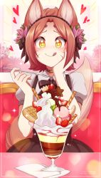 Rule 34 | + +, 1girl, 2019, :q, animal ear fluff, animal ears, bad id, bad pixiv id, blush, borrowed character, brown hair, cherry, choker, commentary, english commentary, facial mark, flower, food, fox ears, fox tail, fruit, hair flower, hair ornament, hand on own cheek, hand on own face, heart, highres, holding, holding spoon, ice cream, kiwi (fruit), merunyaa, original, parfait, patreon username, pixiv username, puffy short sleeves, puffy sleeves, short hair, short sleeves, signature, smile, solo, sparkle, spoon, sprinkles, strawberry, tail, tongue, tongue out, waffle, whipped cream, whisker markings, yellow eyes