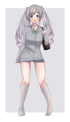 Rule 34 | 1girl, absurdres, akinoji (akiponpon27), bag, bandaid, bandaid on face, blush, bow, bowtie, cardigan, dot nose, drill hair, full body, green bow, green bowtie, grey background, grey cardigan, grey hair, grey skirt, grid background, highres, holding, holding bag, idolmaster, idolmaster shiny colors, long hair, long sleeves, looking at viewer, open mouth, outside border, pigeon-toed, plaid, plaid skirt, pleated skirt, purple eyes, school bag, school uniform, shirt, sidelocks, simple background, skirt, sleeves past wrists, socks, solo, striped bow, striped bowtie, striped clothes, twin drills, twintails, two-tone background, white background, white shirt, white socks, yukoku kiriko