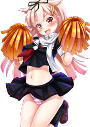 Rule 34 | 10s, 1girl, belly, black legwear, blonde hair, blush, cameltoe, cheerleader, crop top, crop top overhang, ebi 193, fang, hair flaps, hair ornament, hair ribbon, hairclip, kantai collection, loafers, long hair, looking at viewer, midriff, navel, open mouth, panties, pantyshot, pom pom (cheerleading), red eyes, ribbon, scarf, school uniform, serafuku, shoes, simple background, skirt, smile, solo, striped clothes, striped panties, underwear, upskirt, white background, yuudachi (kancolle), yuudachi kai ni (kancolle)