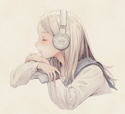 1girl blonde_hair closed_eyes digital_media_player headphones ipod long_hair long_sleeves original otto_(otto52coffee) pale_color profile safety_pin sailor_collar shirt solo upper_body upturned_nose white_background white_shirt