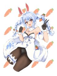 Rule 34 | 1girl, :d, animal ear fluff, animal ears, bare shoulders, black gloves, black pantyhose, blue hair, blue ribbon, bow, breasts, bright pupils, carrot, carrot hair ornament, cleavage, cropped legs, detached sleeves, don-chan (usada pekora), food-themed hair ornament, fur-trimmed gloves, fur trim, gloves, hair between eyes, hair bow, hair ornament, highres, hololive, long hair, looking at viewer, open mouth, pantyhose, pocket, pom pom (clothes), puffy short sleeves, puffy sleeves, rabbit ears, red eyes, ribbon, ribbon trim, scarf, short sleeves, small breasts, smile, solo, teeth, thick eyebrows, thigh strap, usada pekora, usada pekora (1st costume), v, v-shaped eyebrows, virtual youtuber, white background, white bow, white pupils, white scarf, yorughi