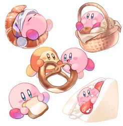 Rule 34 | 2others, basket, blue eyes, blush, bread, bread slice, bun (food), cake, closed eyes, colored skin, covered mouth, cream, croissant, eating, food, food on face, fruit, green eyes, hands on own face, hands up, hat, hetero, holding, holding food, jumping, kirby, kirby (series), looking at another, looking to the side, looking up, lying, multicolored skin, multiple others, mutekyan, nintendo, on back, open mouth, orange eyes, orange skin, pink skin, polka dot, polka dot headwear, pom pom (clothes), purple headwear, simple background, sitting, sleep kirby, sleeping, smile, strawberry, tongue, waddle dee, white background, yellow skin