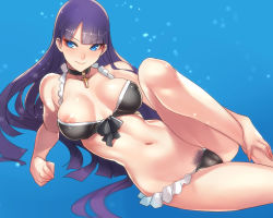 Rule 34 | 1girl, bad id, bad pixiv id, ban! (bansankan), bare shoulders, barefoot, bikini, blue background, blue eyes, blunt bangs, blush, breasts, breasts apart, choker, covered erect nipples, cross, cross necklace, fate/grand order, fate (series), female pubic hair, frilled bikini, frills, hands on feet, jewelry, large breasts, long hair, lying, martha (fate), martha (swimsuit ruler) (fate), medium breasts, navel, necklace, nipple slip, nipples, on side, pubic hair, pubic hair peek, purple hair, rosary, smile, solo, swimsuit