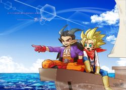 Rule 34 | 2boys, :d, aqua eyes, belt, black hair, blonde hair, blue pants, boat, boots, brown footwear, brown gloves, cloud, dated, dragon quest, dragon quest builders 2, gloves, happy, knee boots, long hair, looking away, male builder (dqb2), male focus, multiple boys, nishizawa ichiya, open mouth, orange pants, pants, pointing, pointy ears, ponytail, purple shirt, red eyes, red footwear, red gloves, red scarf, scarf, shirt, shoes, sidoh (dqb2), signature, sitting, skull belt, sky, smile, spiked hair, translation request, watercraft, white shirt