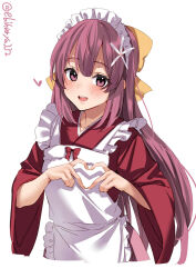 Rule 34 | 1girl, apron, blush, cropped torso, ebifurya, flower, frilled apron, frills, gradient hair, hair flower, hair ornament, hair ribbon, heart, heart hands, highres, japanese clothes, kamikaze (kancolle), kantai collection, kimono, long hair, long sleeves, looking at viewer, maid headdress, meiji schoolgirl uniform, multicolored hair, official alternate costume, one-hour drawing challenge, open mouth, pink hair, purple eyes, purple hair, red kimono, red ribbon, ribbon, simple background, smile, solo, teeth, twitter username, upper body, upper teeth only, white apron, white background, white flower, wide sleeves, yellow ribbon