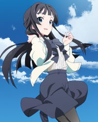 Rule 34 | 10s, 1girl, artist request, black hair, blue eyes, bow, cloud, day, heart, idolmaster, idolmaster million live!, long hair, looking at viewer, mogami shizuka, official art, pantyhose, signature, sky, smile, solo