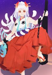 Rule 34 | 1girl, absurdres, aqua hair, closed mouth, commentary request, earrings, geta, hair ornament, hakama, highres, holding, holding weapon, horns, japanese clothes, jewelry, kimono, looking at viewer, one piece, p4p q, ponytail, purple background, red eyes, red hakama, red horns, rope, shimenawa, sidelocks, sleeveless, sleeveless kimono, smile, solo, weapon, white hair, white kimono, yamato (one piece)