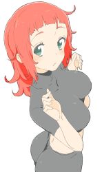 Rule 34 | 1girl, absurdres, ass, bad id, bad twitter id, bike shorts, black shirt, black shorts, blunt bangs, blush, breasts, closed mouth, crop top, donguri suzume, from above, from side, green eyes, highres, large breasts, long hair, looking at viewer, looking to the side, red hair, shirt, short sleeves, shorts, simple background, skin tight, solo, standing, white background