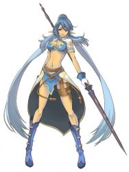 Rule 34 | 00s, 1girl, bad id, bad pixiv id, blue footwear, blue hair, boots, gloves, judith (tales), knee boots, long hair, ma-1223, midriff, pointy ears, polearm, red eyes, solo, tales of (series), tales of vesperia, weapon
