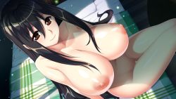 Rule 34 | black hair, blurry, bokeh, breasts, brown eyes, censored, completely nude, depth of field, feet out of frame, from above, game (=eroge) mitai na, suteki na koi ga shitai!, game (=eroge) mitai na suteki na koi ga shitai!, game cg, hair between eyes, highres, huge breasts, ino (magloid), long hair, looking at viewer, mosaic censoring, navel, nipples, nude, official art, on bed, photoshop (medium), pussy, shiny skin, sitting, smile, takamiya tsuzuri