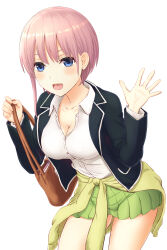 1girl absurdres black_jacket blazer blue_eyes blush breasts brown_bag cardigan cardigan_around_waist cleavage clothes_around_waist collarbone collared_shirt commentary_request cowboy_shot dress_shirt go-toubun_no_hanayome green_skirt highres inanaki_shiki jacket large_breasts leaning_forward long_sleeves nakano_ichika open_clothes open_jacket open_mouth pink_hair pleated_skirt school_uniform shirt short_hair skirt smile solo standing waving white_background white_shirt yellow_cardigan