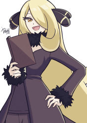 Rule 34 | 1girl, :d, absurdres, black coat, black neckwear, black scarf, black shirt, blonde hair, book, coat, creatures (company), cynthia (pokemon), eyelashes, from below, fur trim, game freak, hair ornament, hair over one eye, hand on own hip, highres, holding, holding book, huge filesize, ida (idalol490), long hair, looking at viewer, nintendo, open mouth, pokemon, pokemon dppt, scarf, shirt, signature, simple background, smile, solo, standing, upper body, very long hair, white background, wrist cuffs, yellow eyes