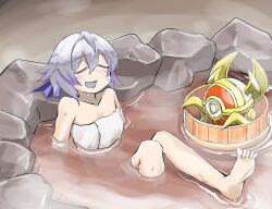 Rule 34 | 1girl, 1other, absurdres, agido the ancient sentinel, barefoot, blue tongue, bucket, closed eyes, colored tongue, commentary, duel monster, eye of horus, grey hair, highres, monster, naked towel, onsen, relaxing, short hair, smile, tearlaments merrli, tomiyama mishiro, towel, water, yu-gi-oh!, yu-gi-oh! master duel
