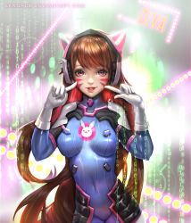 Rule 34 | 1girl, absurdres, animal print, armor, blue bodysuit, bodysuit, boots, bracer, breasts, breasts apart, brown eyes, brown hair, character name, covered navel, cowboy shot, d.va (overwatch), deviantart username, eyelashes, facepaint, facial mark, finger to face, gloves, hands up, headphones, highres, lips, lipstick, long hair, long sleeves, looking at viewer, makeup, medium breasts, nose, open mouth, overwatch, overwatch 1, pauldrons, pilot suit, pink lips, pointing, pointing at self, rabbit print, revision, ribbed bodysuit, sangrde, shiny clothes, shoulder armor, shoulder pads, skin tight, smile, solo, teeth, tongue, turtleneck, very long hair, watermark, web address, whisker markings, white footwear, white gloves
