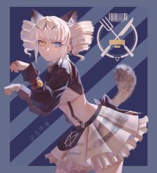 Rule 34 | 1girl, animal ears, annoyed, apron, back bow, barcode, black apron, black bow, blue background, blue eyes, blush stickers, bow, bracelet, chinese commentary, commentary, cowboy shot, crop top, cutlery, drill hair, frilled skirt, frills, hair ornament, heterochromia, highres, jewelry, karenina: ember (deed of snow leopard) (punishing: gray raven), karenina (punishing: gray raven), layered skirt, leaning forward, leopard ears, leopard girl, leopard tail, light frown, lishijiu, looking at viewer, maid, midriff, neck ribbon, official alternate costume, paw pose, procreate (medium), punishing: gray raven, ribbon, ring, signature, skirt, solo, stomach, suspender skirt, suspenders, swept bangs, tail, twin drills, unconventional maid, waist apron, white hair, white skirt, yellow eyes