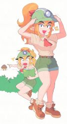 Rule 34 | 1girl, absurdres, belt buckle, blonde hair, blush, book, brown footwear, buckle, bush, commentary, english commentary, fang, fangs, fangs out, goomba, goombella, green shorts, hard hat, hat, headlamp, helmet, highres, inkerton-kun, long hair, mario (series), mining helmet, nintendo, open mouth, overalls, paper mario, paper mario: the thousand year door, pointy ears, ponytail, red ribbon, ribbon, shirt, shoes, shorts, simple background, smile, striped clothes, striped headwear, thick eyebrows