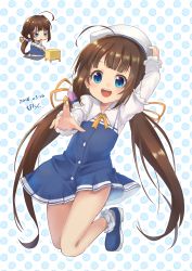 Rule 34 | 10s, 1girl, :d, ahoge, arm up, beret, between fingers, blue dress, blue eyes, blue footwear, blush, board game, bobby socks, brown hair, chibi, commentary request, cushion, dated, dress, hand on headwear, hat, highres, hinatsuru ai, holding, layered sleeves, long hair, long sleeves, low twintails, nachiku, no shoes, open mouth, polka dot, polka dot background, puffy short sleeves, puffy sleeves, ryuuou no oshigoto!, school uniform, seiza, shoes, shogi, short over long sleeves, short sleeves, signature, sitting, smile, socks, teeth, twintails, upper teeth only, very long hair, white background, white hat, white legwear, zabuton