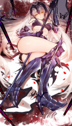 Rule 34 | 1girl, absurdres, armor, ass, blue footwear, bra, breasts, fate/grand order, fate (series), highres, horz, jeanne d&#039;arc (fate), jeanne d&#039;arc alter (avenger) (fate), jeanne d&#039;arc alter (fate), legs, crossed legs, long hair, looking at viewer, lying, medium breasts, armored boots, metal gloves, on side, sketch, smile, solo, staff, sword, underwear, weapon, white hair, yellow eyes