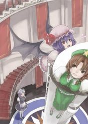 Rule 34 | 3girls, alternate eye color, bat wings, bow, braid, brown eyes, brown hair, bug, butterfly, carpet, collar, dress, fangs, female focus, frown, gloves, hair bow, hair ornament, hat, highres, hong meiling, insect, izayoi sakuya, knife, long hair, maid, maid headdress, mary janes, masuchi, multiple girls, one eye closed, open mouth, purple hair, red eyes, remilia scarlet, ribbon, rocket, rope, shoes, short hair, silver hair, skirt, smile, space shuttle, spacecraft, stairs, star (symbol), touhou, twin braids, weapon, wings, wink