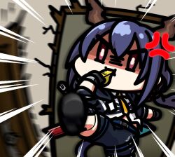 Rule 34 | 1girl, anger vein, arknights, black jacket, blowing whistle, blue hair, ch&#039;en (arknights), chibi, dragon girl, dragon horns, dragon tail, holding, holding whistle, horns, jacket, kagami kino, kicking, long hair, necktie, open clothes, open jacket, red eyes, shaded face, shirt, solo, sword, tail, weapon, whistle, white shirt, yellow necktie
