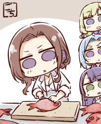 Rule 34 | 4girls, :d, artist name, assault lily, blue eyes, blue hair, breasts, brown background, brown hair, chibi, cleavage, commentary, cutting, cutting board, fish, food, funada kiito, gochisousama (tanin050), green eyes, green hair, hand on own chin, hand up, hands up, highres, holding, holding knife, igusa subaru, jewelry, kawabata hotaru, knife, lab coat, light blush, long hair, long sleeves, looking at food, multiple girls, nakahara mary tomoyo, necklace, onose mirai, open mouth, parted bangs, pendant, purple eyes, purple hair, sea bream, shirt, sidelocks, sleeves rolled up, smile, solid circle eyes, sweatdrop, table, triangle mouth, two-tone background, upper body, v-shaped eyebrows, voice actor connection, white background, white shirt