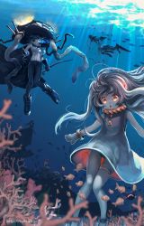 Rule 34 | 10s, 6+girls, :o, absurdres, abyssal ship, ahoge, airfield princess, backpack, bag, battleship princess, beret, black footwear, black panties, blurry, bodysuit, boots, cape, claws, clownfish, colored skin, coral, coral reef, depth of field, diving, dress, enemy aircraft (kancolle), fish, glowing, glowing eyes, hachachi, hat, headgear, heterochromia, highres, holding, hood, hooded jacket, horns, jacket, kantai collection, light rays, long hair, mittens, multiple girls, northern ocean princess, ocean, seafloor, open mouth, orange eyes, panties, pantyshot, re-class battleship, red eyes, seaplane tender water princess, seaport princess, side-tie panties, single horn, staff, submerged, tail, tentacles, tuna, underwater, underwear, watermark, web address, white dress, white hair, white skin, wo-class aircraft carrier